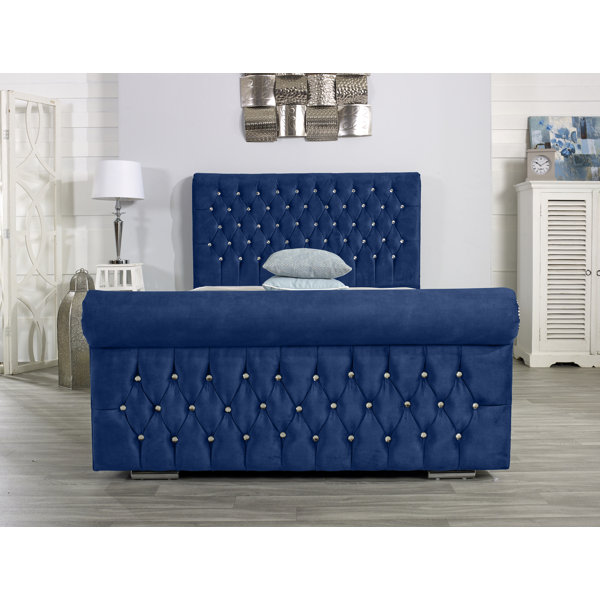 Blue velvet sleigh deals bed